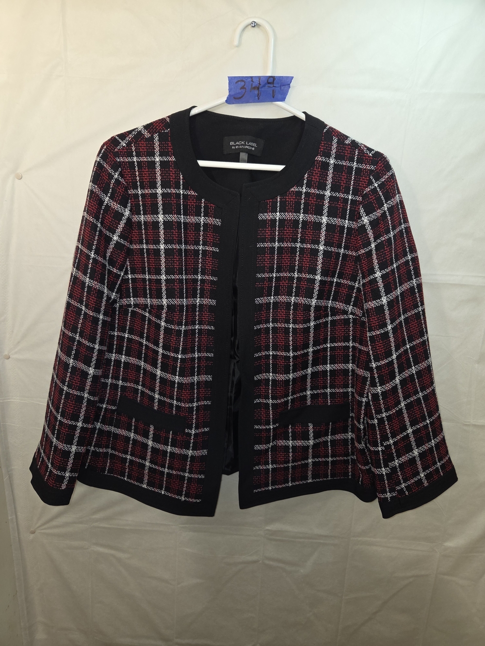 Evan Picone Red Plaid Open-Front Blazer with Black Trim